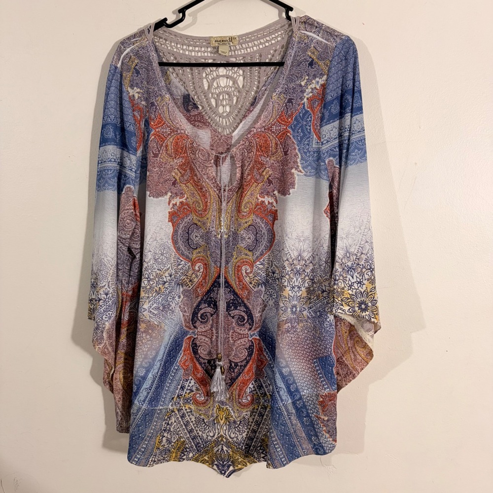 One World Tunic Top Womens 2X Multicolor  Paisley Crochet Tassel Boho